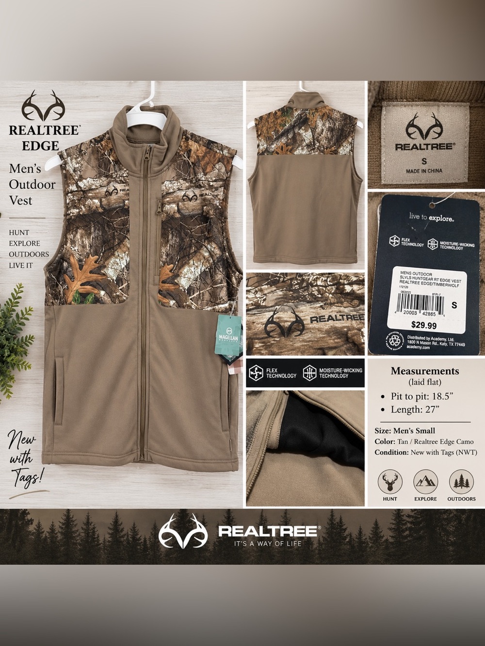 Realtree Edge Men’s Camo Hunting Vest Tan Size Small NWT